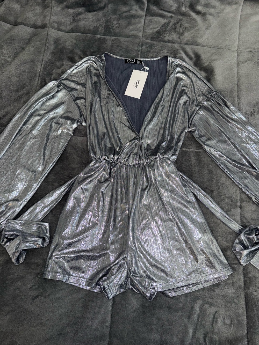 Metallic Sheen Long-Sleeve Romper in Silver